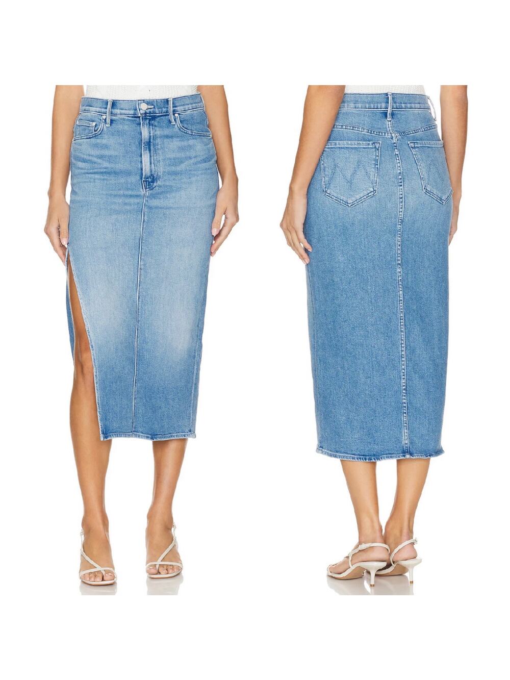 MOTHER The Split Second Denim Midi Skirt Mediterranean Muse Blue Wash Size 24